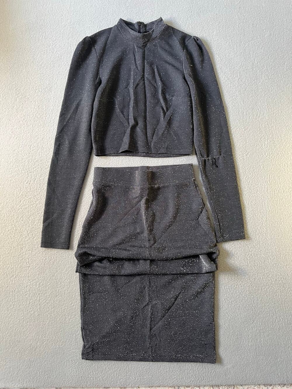 H&M Gray Metallic Glitter Mock Neck Crop Top & Mini Skirt Set Size 0